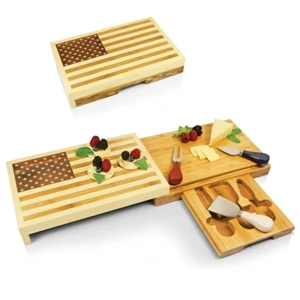 Old Glory - American Flag Cutting Board With Two Levels & Three Stainless Steel Cheese Tools
