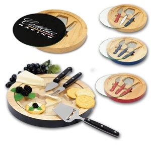 Ventana - Black - Glass-top Cutting Board And Three Cheese Tools; 10.25" Diameter X 1" High