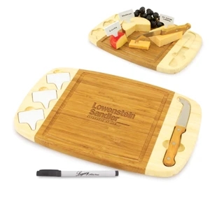 Delio - Two-toned Rectangular Bamboo Cutting Board With Three Porcelain Cheese Markers