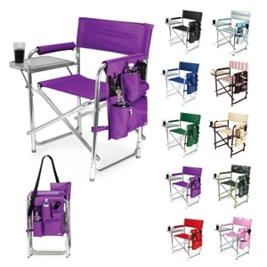 Navy - Folding Sports Chair With Fold Out Side Table, Side Pockets, And Drink Holder