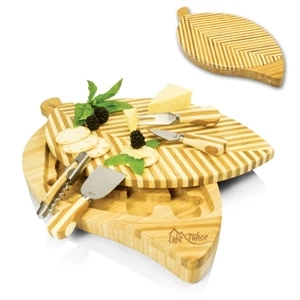 Leaf - Two-tiered Cutting Board With Striped Leaf Design, 3 Cheese Tools & Corkscrew