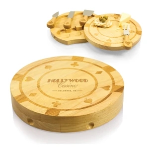 Casino - Poker Chip Bamboo Cheese Board With Four Stainless Steel Cheese Tools