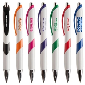 Del Mar Wc - White Barrel Retractable Pen With Matching Colored Clip & Ring