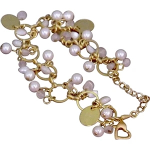Eevah Port Campbell - 2 Charms - Satin Gold And Freshwater Pearl Bracelet., With Up To 3 Gold Charms. 7" Long