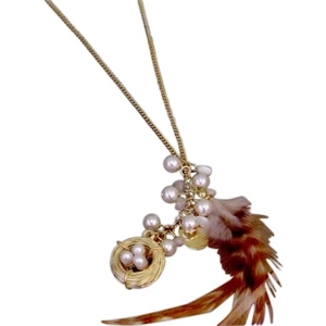 Eevah Port Campbell - 3 Charms - Feather Necklace With, A Gold Nest, Pearls, Optional Gold Oval Charms. Approx 18"