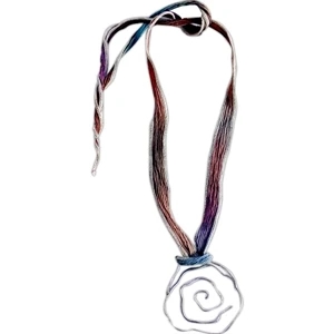New Style Flowering Grace - Variegated Ribbon And Silver Toned Metal Flower Necklace