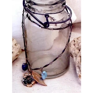 Eevah Chile Blossom - Without Tag - Turquoise, Lapis Nuggets, Enameled Blossom Leaf Charm Necklace