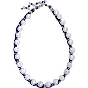 New Style Regal Occasion - Rhinestone Inset Into Pearls And Wired Onto Black Leather And Satin Cord Necklace