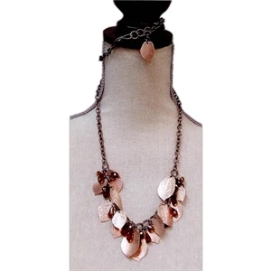 Eevah Chilean Copper - Antique Copper Necklace With Etched Leaves And Copper Colored Crystal Beads