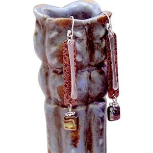 Antique Copper And Silver Dangling Earrings, With A Mother Of Pearl Charm. 2" Drop