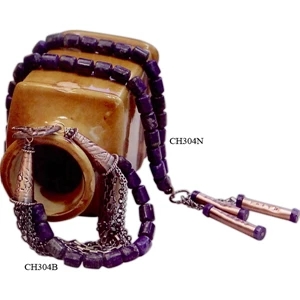 Eevah - Necklace 2 Tube - Blue Lapis Beaded Necklace With 3 Copper Tupes Hanging From Antique Silver Chain