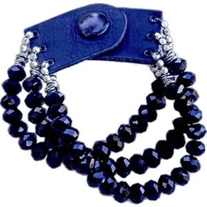 Glami Bella New Style - Three Rows Of Sparkling Black Beads On A Black Leather Snap Closure