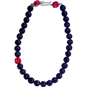 Eevah Moonlit - 18" Necklace - Lava Bead Necklace With Coral Beads Accents. Antique Silver 'u' Hook Closure