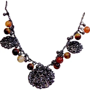 Eevah Steel Garden - With Tag - Necklace Stunning Gunmetal Round Charms Hang Between Agate Beads. 13" Length