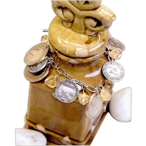 Eevah African Treasure - Bracelet With Gold & Silver Coins And Citrine Nugget Beads. Silver Toned Chain