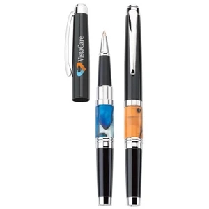 Onyx - Roller Ball Brass Pen With Black Gloss Barrel, Marbled Accent And Pull-off Cap