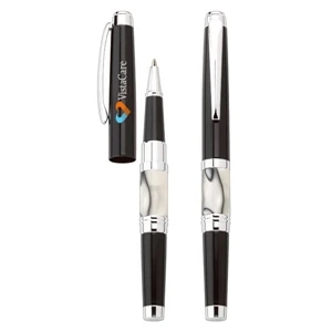 Tuscany - Roller Ball Metal Pen With Black Gloss Barrel, White Marbled Accent And Chrome Trim