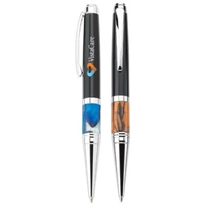 Onyx - Ballpoint Brass Pen With A Black Gloss Barrel And Marbled Center Band & Chrome Trim