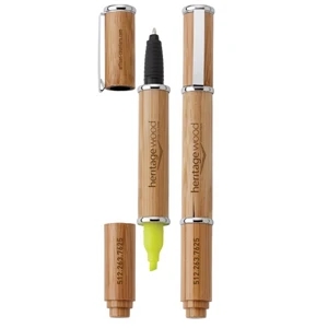 Vivo - Bamboo Ballpoint Pen With Yellow Highlighter, Matching Pull-off Caps & Black Grip