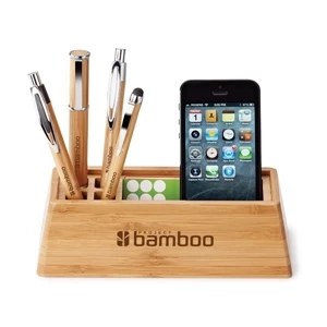 Desktop Organizer Made Of Bamboo Holds Pens, Smartphones & Business Cards