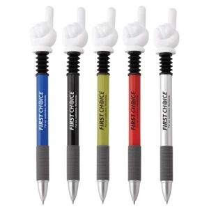 Number One - Ballpoint Plastic Pen With Solid Color, Ribbed Grip, & Gloved #1 Finger Plunger