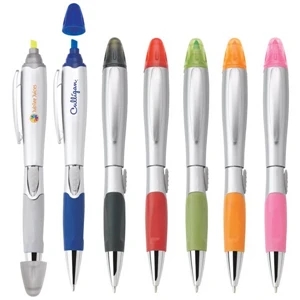 Silver Blossom - Ballpoint Plastic Pen/highlighter With Satin Silver Finish & Solid Colored Grip