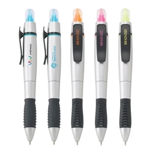 Focus - Twist-action Ballpoint Plastic Pen/highlighter Has Satin Silver Finish & Black Grip