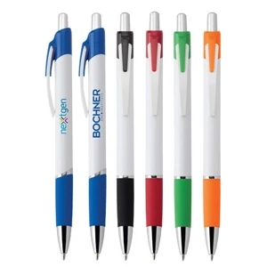 Bonnie - Push-action Ballpoint Plastic Pen With White Barrel, Chrome Trim And Colored Accents