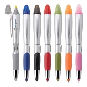Blossom - 3-in-1 Ballpoint Pen Has Black Ink Refill With Highlighter & Soft Capacitive Stylus