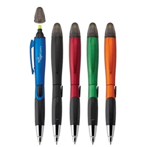 Blossom - Slide-action Plastic Pen With Yellow Highlighter, Grip & Retro Metallic Finish