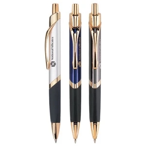 Delta - Push-action 3-sided Metal Ballpoint Pen With Gold Trim And Black Rubber Grip