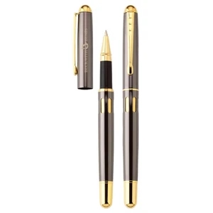 Franca - Gun Metal Rollerball Pen With Pull-off Cap And Gold Plated Center Accents