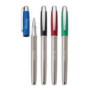 Nadi - Brushed Stainless Steel Rollerball Pen With Pull-off Cap & Colored Aluminum Trim