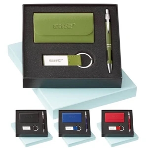 Ace - 3-piece Gift Set With Ballpoint Pen, Leather Card Holder And Leatherette Key Ring