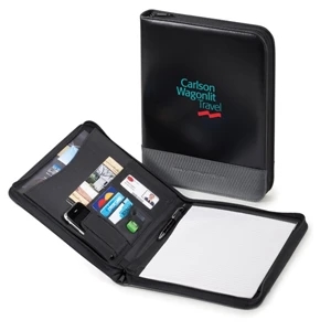 Premio - Black Vinyl Padfolio With Zippered Closure, Smartphone Adjustable Holder & Notepad