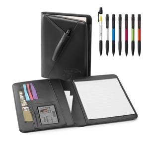 Maeva - Vinyl Padfolio With Pen Holder On Cover, Refillable Notepad And Pen/highlighter