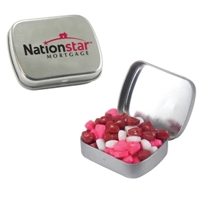 Mint Tin Maniacs - Small Silver Mint Tin With Candy Hearts. Heart Shaped Candy In Mint Tin