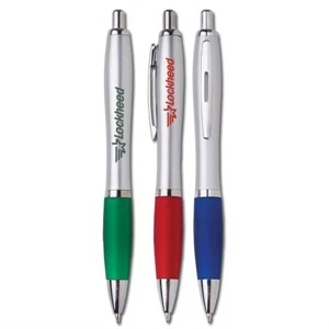 Allure - Silver Barrel With Blue, Red Or Green Grip. - Retractable Ballpoint Pen With Soft Touch Grip