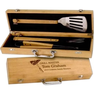 Bamboo 3 Piece Bbq Gift Set. Box And Tool Handles Crafted From Solid Bamboo