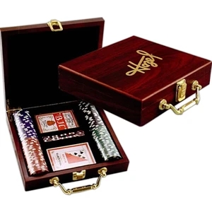 Rosewood Finish Poker Set. Includes 100 Chips, 2 Decks Of Cards And 5 Dice