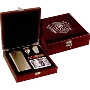 Rosewood Finish Flask Set. Includes Flask, Funnel, Short Glass, Deck Of Card, Dice