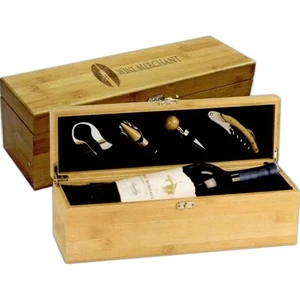 Bamboo Single Wine Presentation Box With Corkscrew,wine Stopper,pourer And Foil Grip