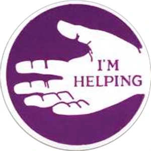 Round Plastic Lapel Pin With "i'm Helping" Lettering And Open Hand Image