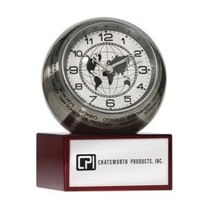 Brushed Aluminum World Time 24 City Globe Clock With Finished Wood Base