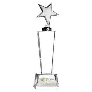 Silver Metal Star Mounted On A Tall Genuine Optical Crystal Faceted Base