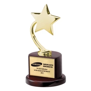 Gold High Flying Star Mounted On Wood Base. Brass Plate For Imprinting Included