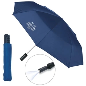 Folding Umbrella, 42" Arc With Metal Shaft With Double Lock And Flashlight Feature