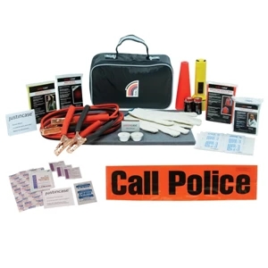 41 Piece Auto Safety Kit. Includes 8' 10 Gauge Booster Cables, Flashlight, And More
