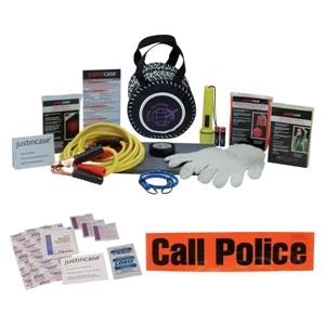 Safe-t-tire (r) - 32 Piece Auto Safety Kit In A Wheel Shaped Case. Includes Booster Cables And More