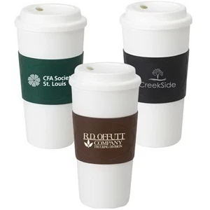 16 Oz. Double Wall Plastic Tumbler With Lid And Colored Rubber Sleeve, Bpa Free